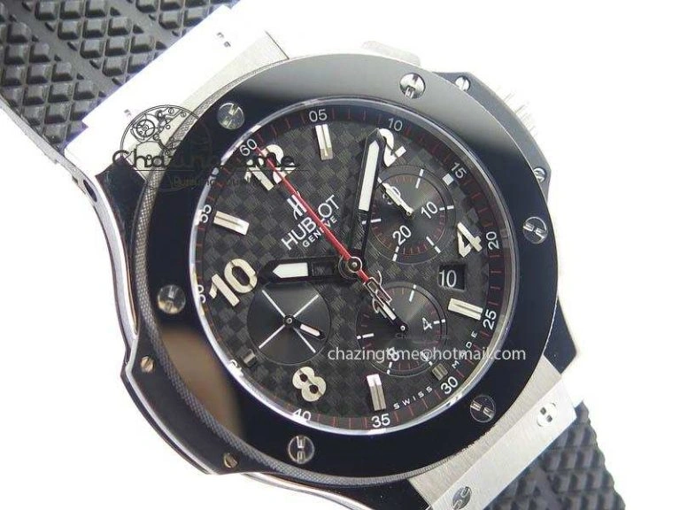 Big Bang Evolution 44mm SS Black Dial Ceramic Bezel On Black Rubber Strap HUB Stretchable 6958