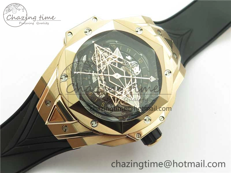 Bold Big Bang Sang Bleu Chrono RG B50 Black Skeletonal Dial On Rubber Strap Asian 6793