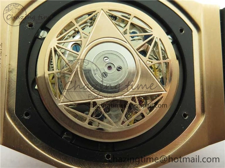 Bold Big Bang Sang Bleu Chrono RG B50 Black Skeletonal Dial On Rubber Strap Asian 6793