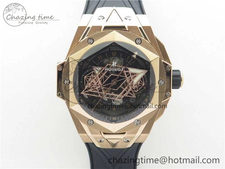 Bold Big Bang Sang Bleu Chrono RG B50 Black Skeletonal Dial On Rubber Strap Asian 6793