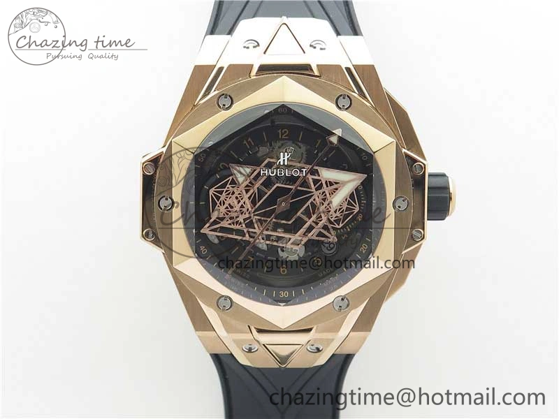 Bold Big Bang Sang Bleu Chrono RG B50 Black Skeletonal Dial On Rubber Strap Asian 6793