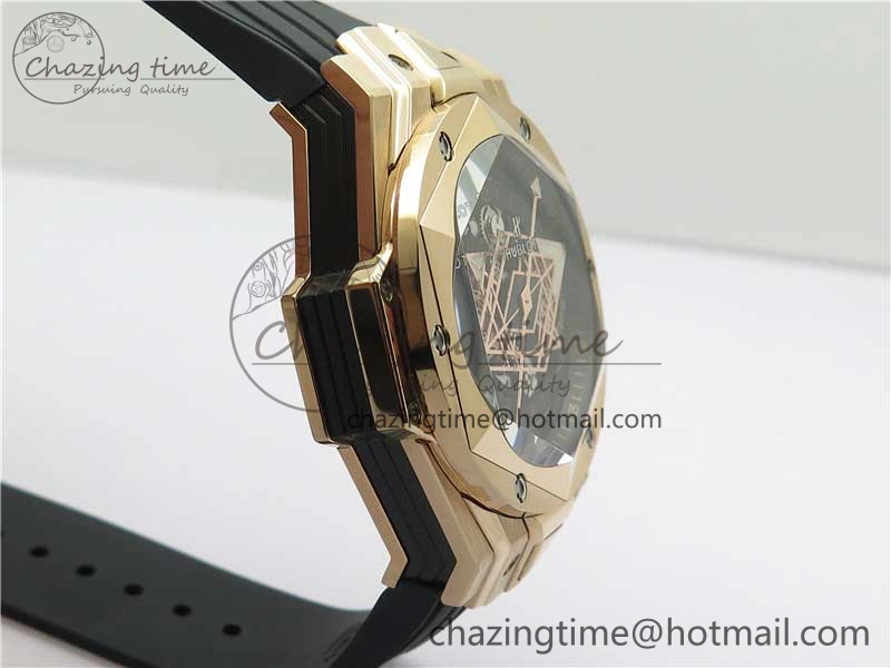 Bold Big Bang Sang Bleu Chrono RG B50 Black Skeletonal Dial On Rubber Strap Asian 6793