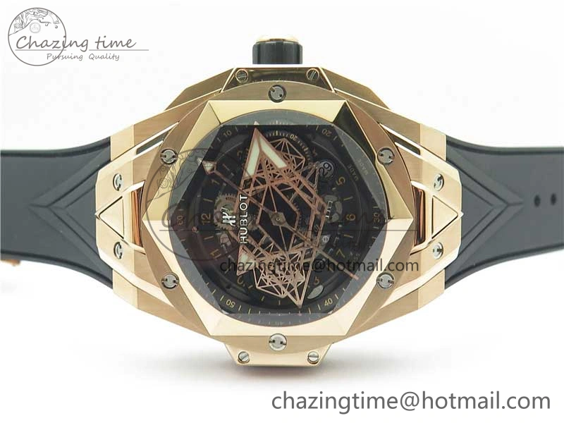 Bold Big Bang Sang Bleu Chrono RG B50 Black Skeletonal Dial On Rubber Strap Asian 6793