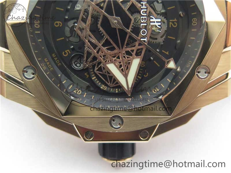 Bold Big Bang Sang Bleu Chrono RG B50 Black Skeletonal Dial On Rubber Strap Asian 6793