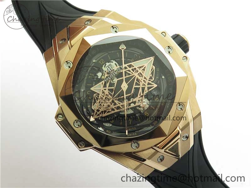 Bold Big Bang Sang Bleu Chrono RG B50 Black Skeletonal Dial On Rubber Strap Asian 6793