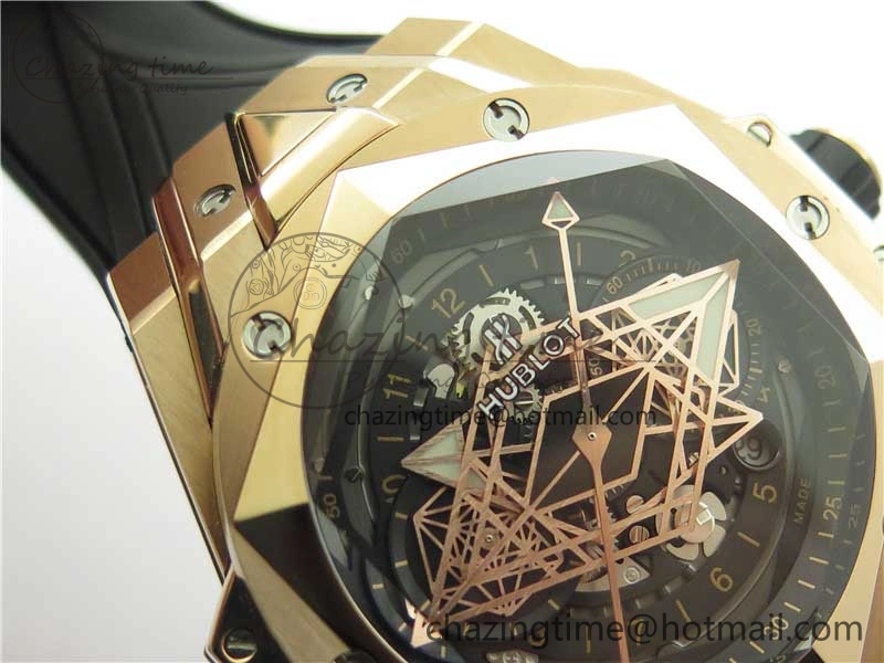 Bold Big Bang Sang Bleu Chrono RG B50 Black Skeletonal Dial On Rubber Strap Asian 6793