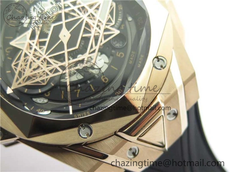 Bold Big Bang Sang Bleu Chrono RG B50 Black Skeletonal Dial On Rubber Strap Asian 6793