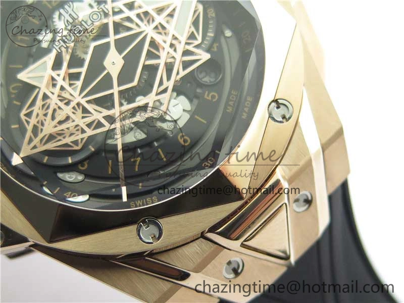 Bold Big Bang Sang Bleu Chrono RG B50 Black Skeletonal Dial On Rubber Strap Asian 6793