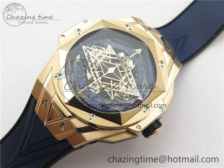 Big Bang Sang Bleu Chrono RG B50 Blue Skeletonal Dial On Rubber Strap Asian TopPick 6794