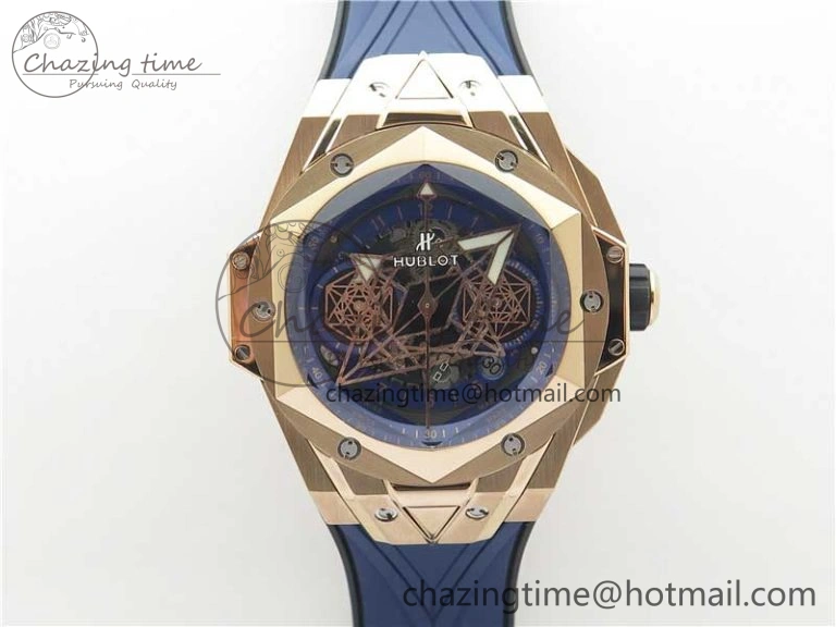 Big Bang Sang Bleu Chrono RG B50 Blue Skeletonal Dial On Rubber Strap Asian TopPick 6794