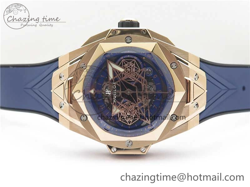 Big Bang Sang Bleu Chrono RG B50 Blue Skeletonal Dial On Rubber Strap Asian TopPick 6794