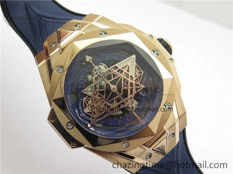 Big Bang Sang Bleu Chrono RG B50 Blue Skeletonal Dial On Rubber Strap Asian TopPick 6794