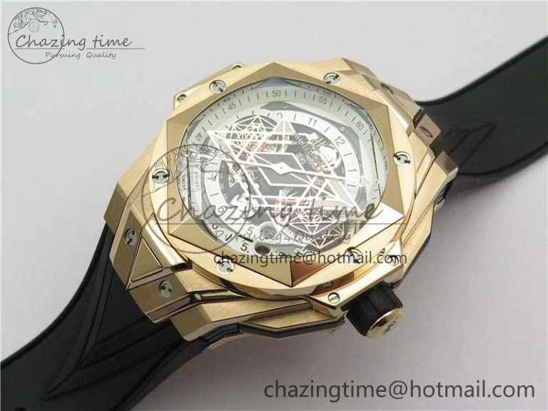 Versatile Big Bang Sang Bleu Chrono RG B50 White Skeletonal Dial On Rubber Strap Asian 6796
