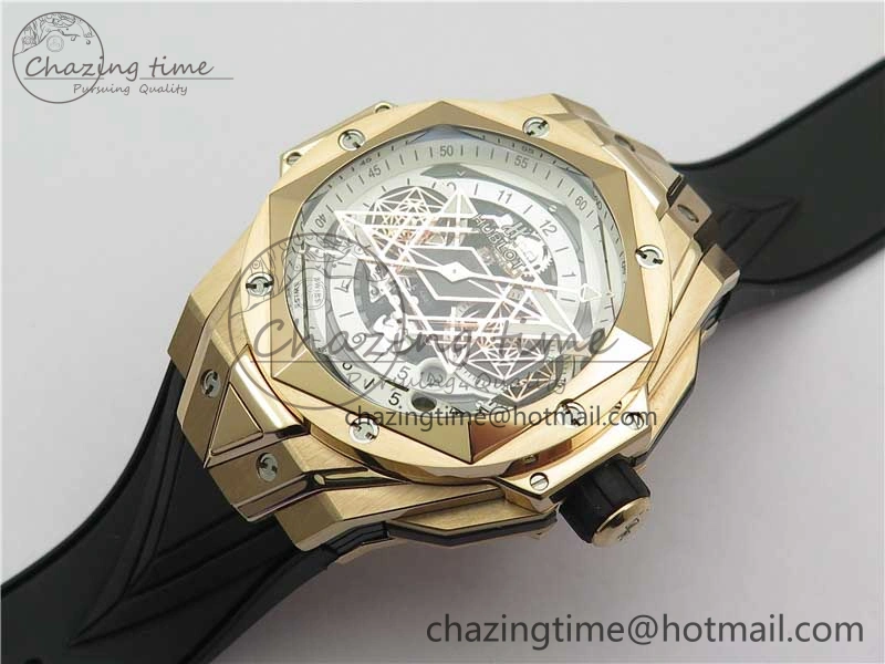 Versatile Big Bang Sang Bleu Chrono RG B50 White Skeletonal Dial On Rubber Strap Asian 6796