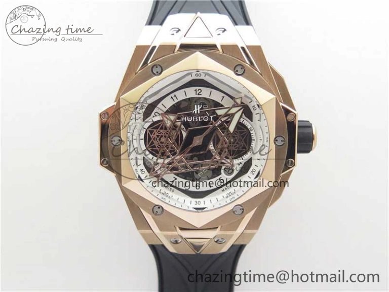 Versatile Big Bang Sang Bleu Chrono RG B50 White Skeletonal Dial On Rubber Strap Asian 6796