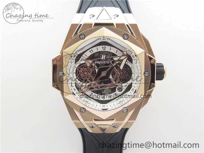 Versatile Big Bang Sang Bleu Chrono RG B50 White Skeletonal Dial On Rubber Strap Asian 6796