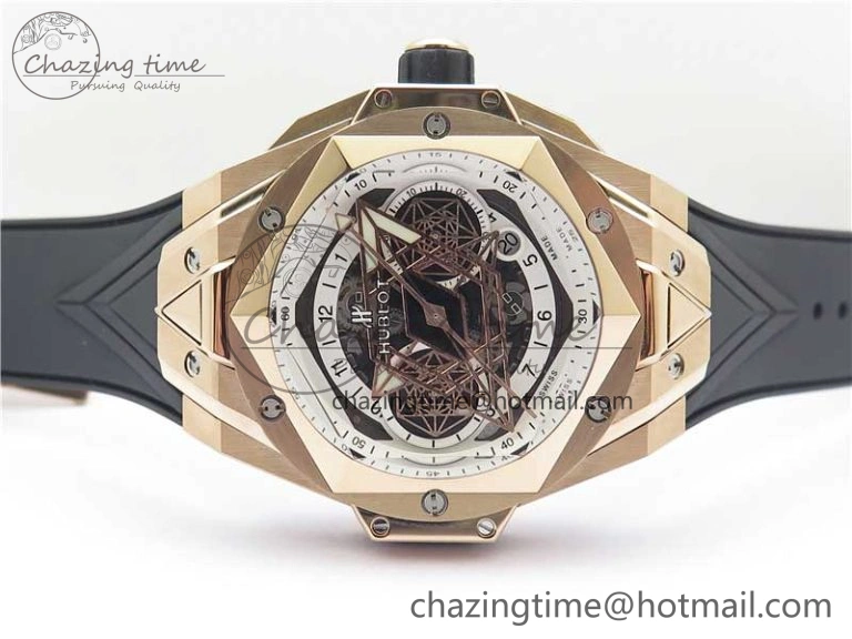 Versatile Big Bang Sang Bleu Chrono RG B50 White Skeletonal Dial On Rubber Strap Asian 6796