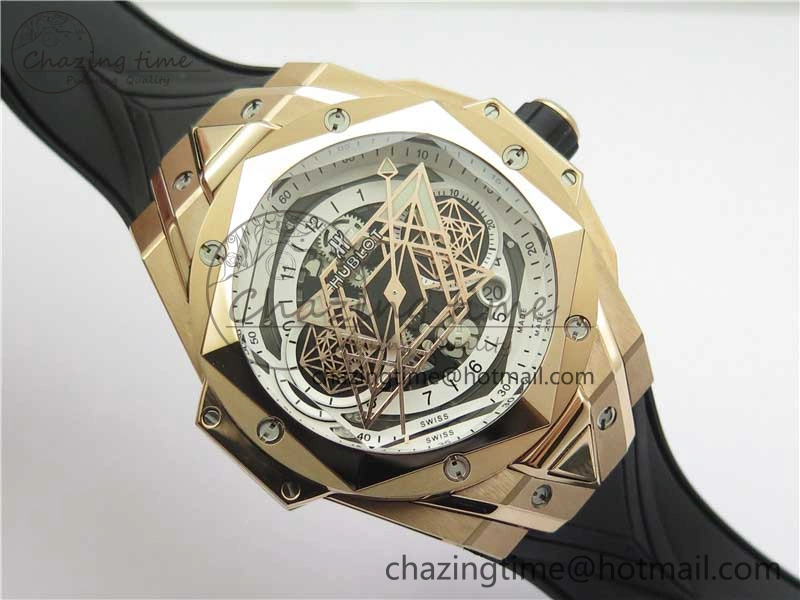 Versatile Big Bang Sang Bleu Chrono RG B50 White Skeletonal Dial On Rubber Strap Asian 6796
