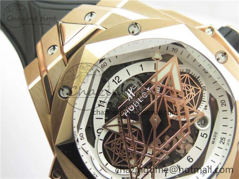 Versatile Big Bang Sang Bleu Chrono RG B50 White Skeletonal Dial On Rubber Strap Asian 6796