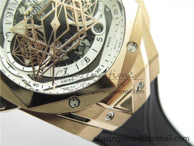 Versatile Big Bang Sang Bleu Chrono RG B50 White Skeletonal Dial On Rubber Strap Asian 6796