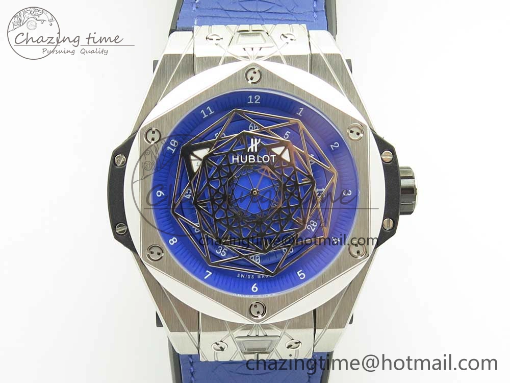 Casual Big Bang Sang Bleu SS TMF 1:1 Best Edition Blue Skeletonal Dial On Blue Gummy Strap Asian HB 6855