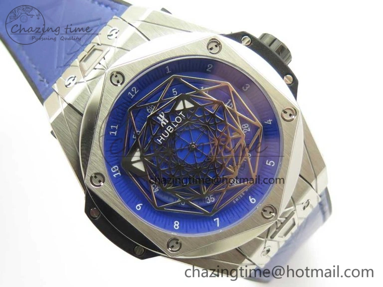 Casual Big Bang Sang Bleu SS TMF 1:1 Best Edition Blue Skeletonal Dial On Blue Gummy Strap Asian HB 6855
