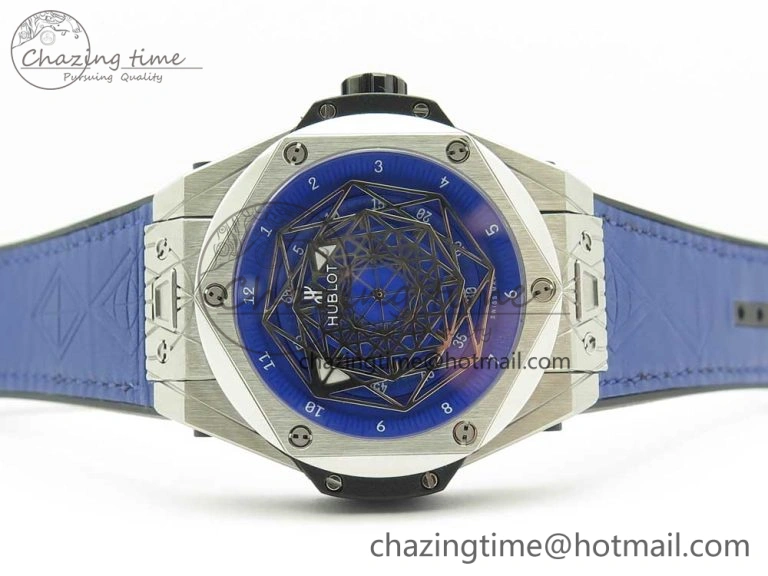 Casual Big Bang Sang Bleu SS TMF 1:1 Best Edition Blue Skeletonal Dial On Blue Gummy Strap Asian HB 6855