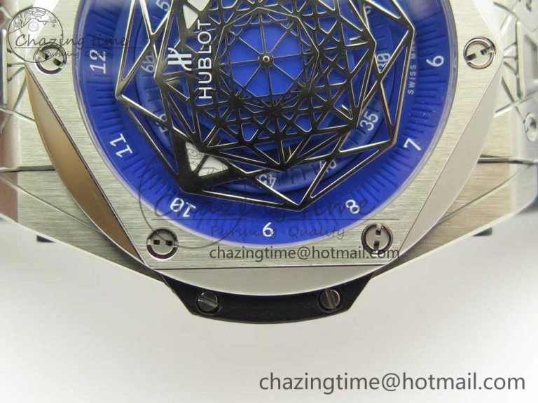 Casual Big Bang Sang Bleu SS TMF 1:1 Best Edition Blue Skeletonal Dial On Blue Gummy Strap Asian HB 6855