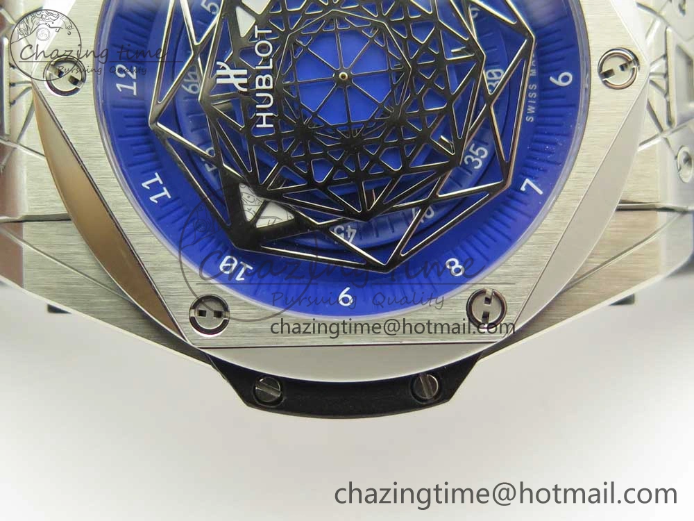 Casual Big Bang Sang Bleu SS TMF 1:1 Best Edition Blue Skeletonal Dial On Blue Gummy Strap Asian HB 6855