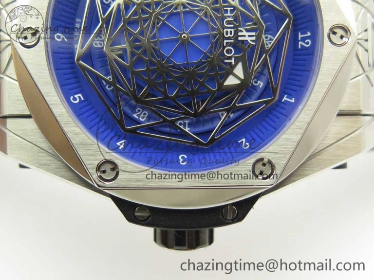 Casual Big Bang Sang Bleu SS TMF 1:1 Best Edition Blue Skeletonal Dial On Blue Gummy Strap Asian HB 6855