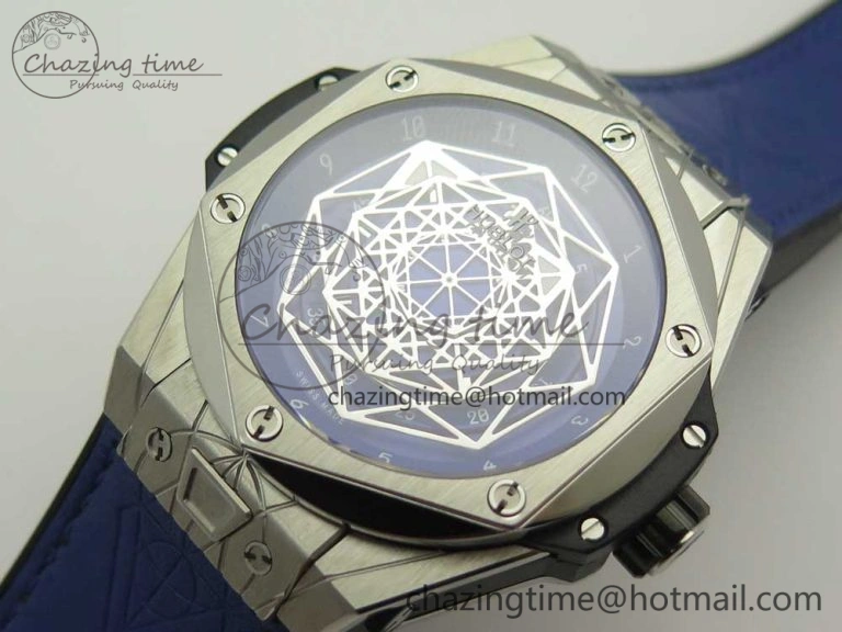 Casual Big Bang Sang Bleu SS TMF 1:1 Best Edition Blue Skeletonal Dial On Blue Gummy Strap Asian HB 6855