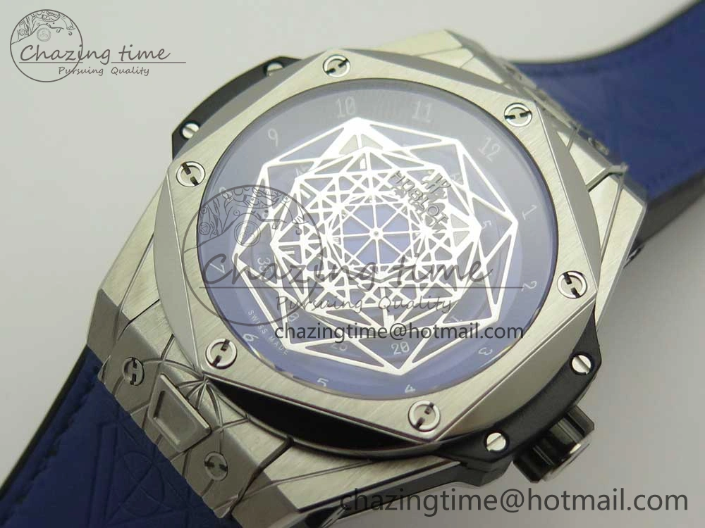Casual Big Bang Sang Bleu SS TMF 1:1 Best Edition Blue Skeletonal Dial On Blue Gummy Strap Asian HB 6855