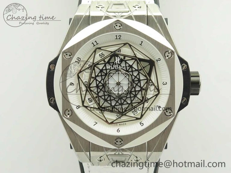 BestValue Big Bang Sang Bleu SS TMF 1:1 Best Edition White Skeletonal Dial On White Gummy Strap Asian HB 6860