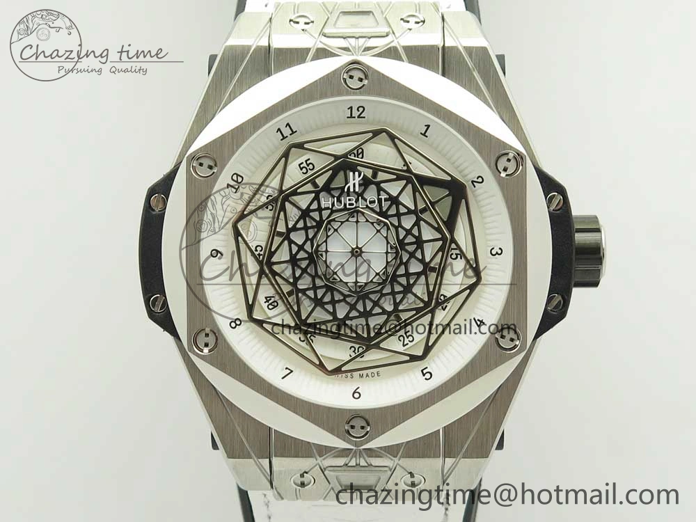BestValue Big Bang Sang Bleu SS TMF 1:1 Best Edition White Skeletonal Dial On White Gummy Strap Asian HB 6860