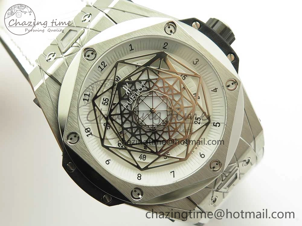 BestValue Big Bang Sang Bleu SS TMF 1:1 Best Edition White Skeletonal Dial On White Gummy Strap Asian HB 6860
