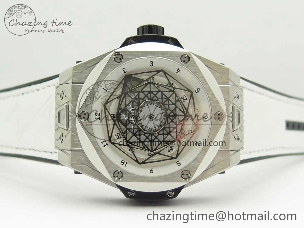 BestValue Big Bang Sang Bleu SS TMF 1:1 Best Edition White Skeletonal Dial On White Gummy Strap Asian HB 6860