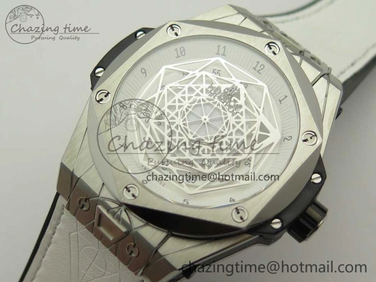 BestValue Big Bang Sang Bleu SS TMF 1:1 Best Edition White Skeletonal Dial On White Gummy Strap Asian HB 6860