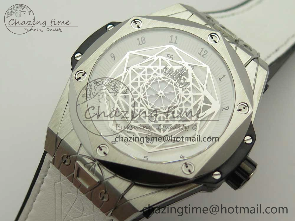 BestValue Big Bang Sang Bleu SS TMF 1:1 Best Edition White Skeletonal Dial On White Gummy Strap Asian HB 6860
