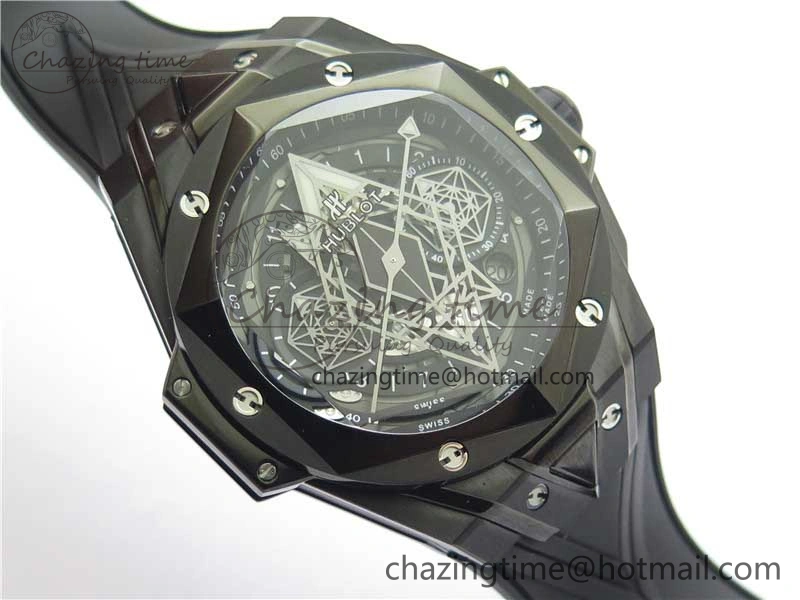 Contemporary Big Bang Sang Bleu chrono DLC B50 Black Skeletonal Dial On Rubber Strap Asian 6795