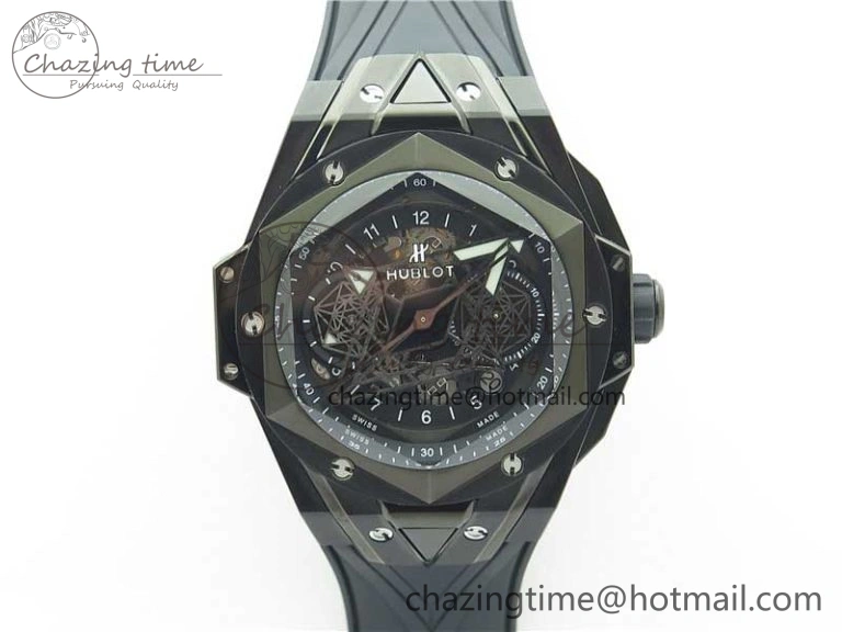 Contemporary Big Bang Sang Bleu chrono DLC B50 Black Skeletonal Dial On Rubber Strap Asian 6795
