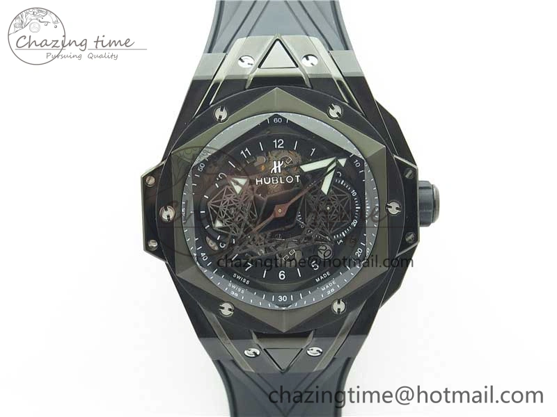Contemporary Big Bang Sang Bleu chrono DLC B50 Black Skeletonal Dial On Rubber Strap Asian 6795