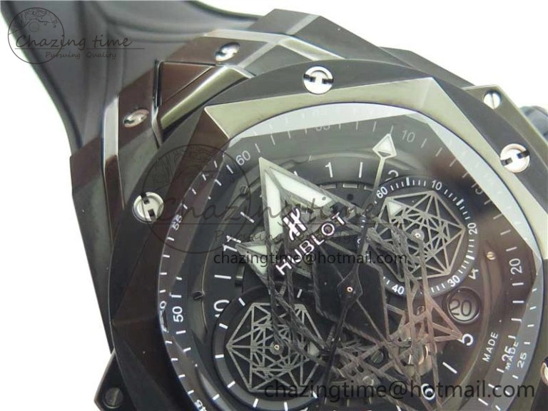 Contemporary Big Bang Sang Bleu chrono DLC B50 Black Skeletonal Dial On Rubber Strap Asian 6795
