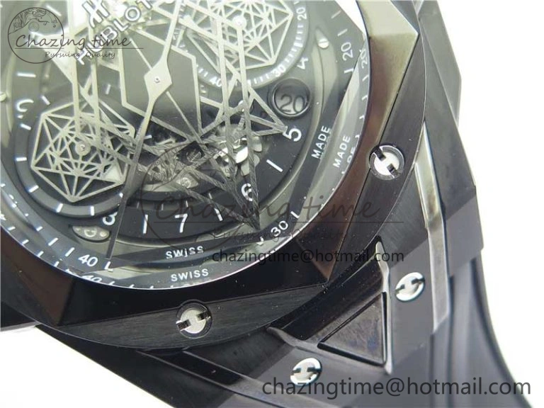 Contemporary Big Bang Sang Bleu chrono DLC B50 Black Skeletonal Dial On Rubber Strap Asian 6795