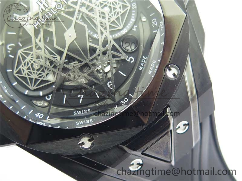 Contemporary Big Bang Sang Bleu chrono DLC B50 Black Skeletonal Dial On Rubber Strap Asian 6795