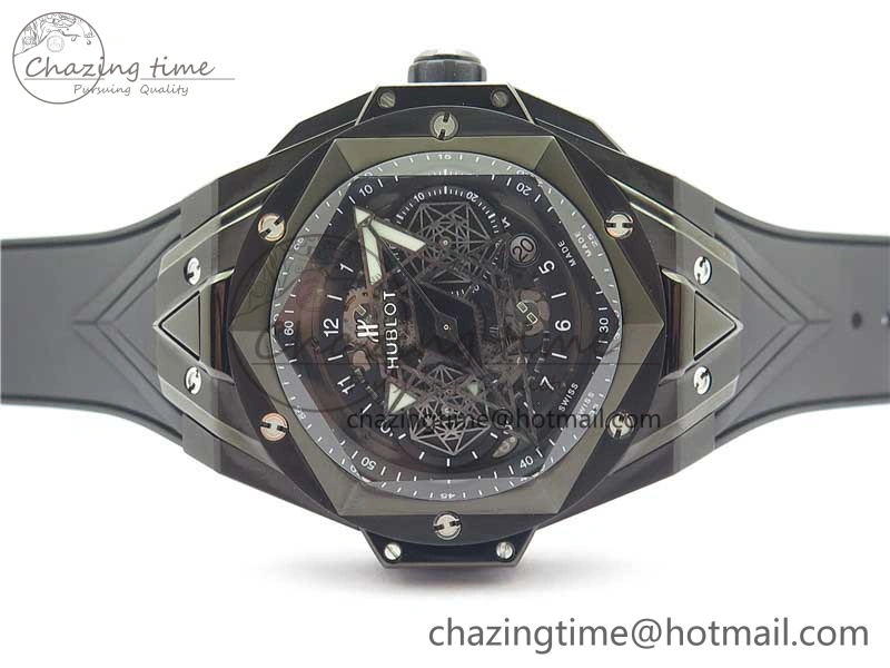 Contemporary Big Bang Sang Bleu chrono DLC B50 Black Skeletonal Dial On Rubber Strap Asian 6795