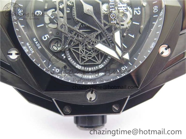 Contemporary Big Bang Sang Bleu chrono DLC B50 Black Skeletonal Dial On Rubber Strap Asian 6795