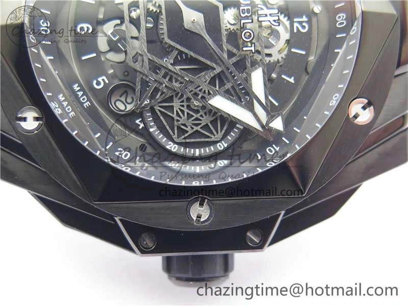 Contemporary Big Bang Sang Bleu chrono DLC B50 Black Skeletonal Dial On Rubber Strap Asian 6795