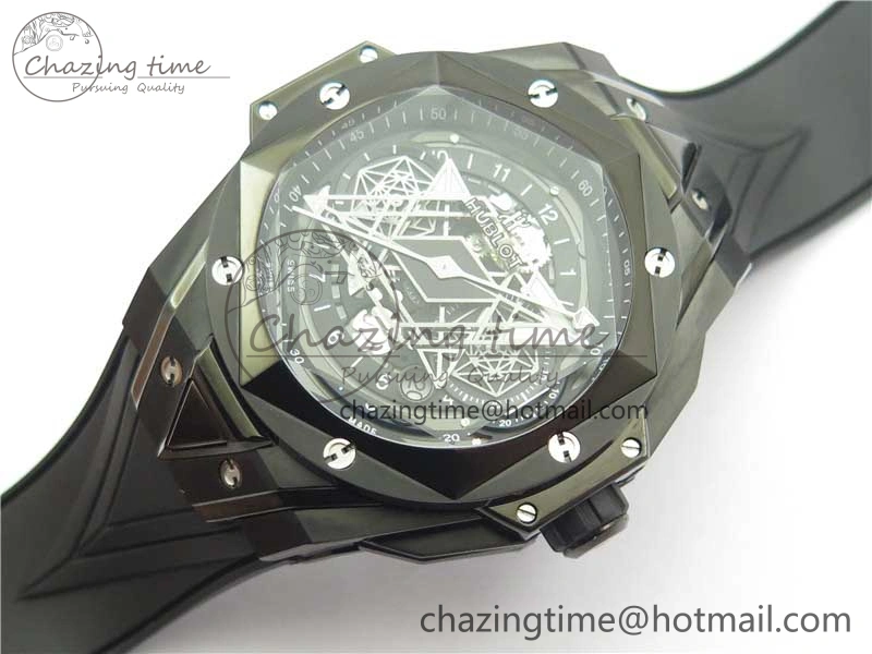 Contemporary Big Bang Sang Bleu chrono DLC B50 Black Skeletonal Dial On Rubber Strap Asian 6795