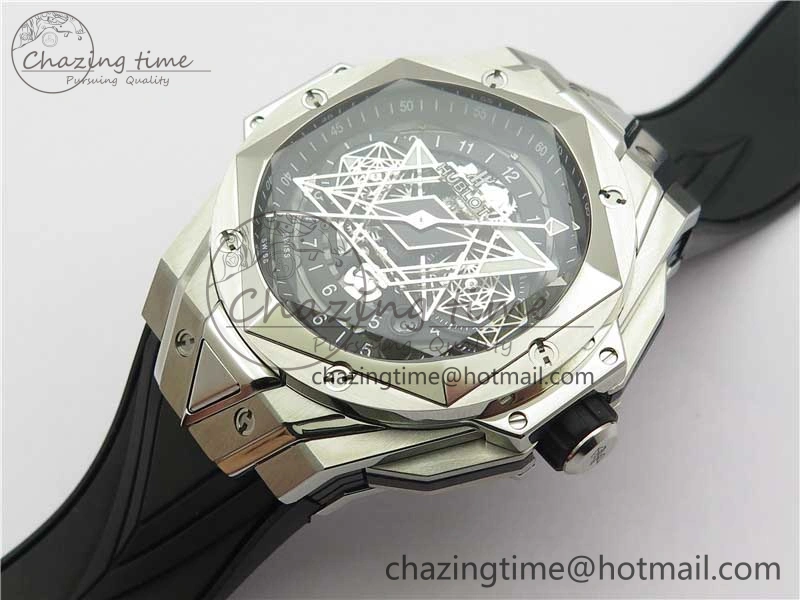 Effortless Big Bang Sang Bleu chrono SS B50 Black Skeletonal Dial On Rubber Strap Asian 6798