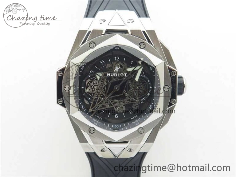 Effortless Big Bang Sang Bleu chrono SS B50 Black Skeletonal Dial On Rubber Strap Asian 6798